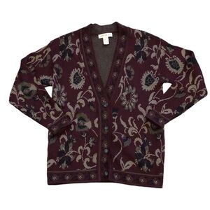 Womens Button Up Cardigan Sz S Wool Blend Burgundy Floral Grannycore Fall Winter